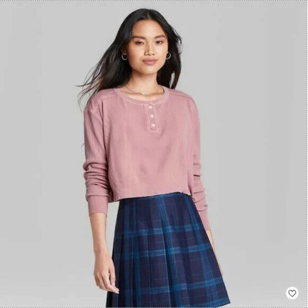 NEW Wild Fable Women's XXL Pink Long Sleeve Boxy Waffle Knit Henley Shirt
